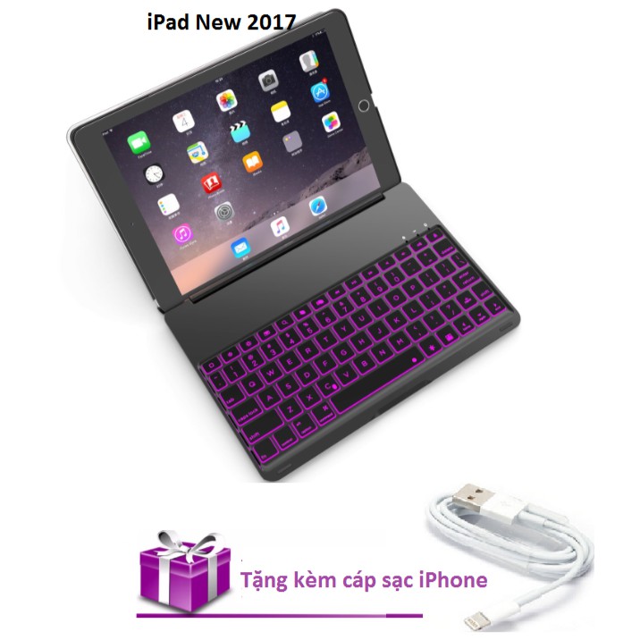 Bao da kiêm bàn phím bluetooth cho iPad New 2017 (9.7&quot;) (Đen) tặng cáp sạc iPhone