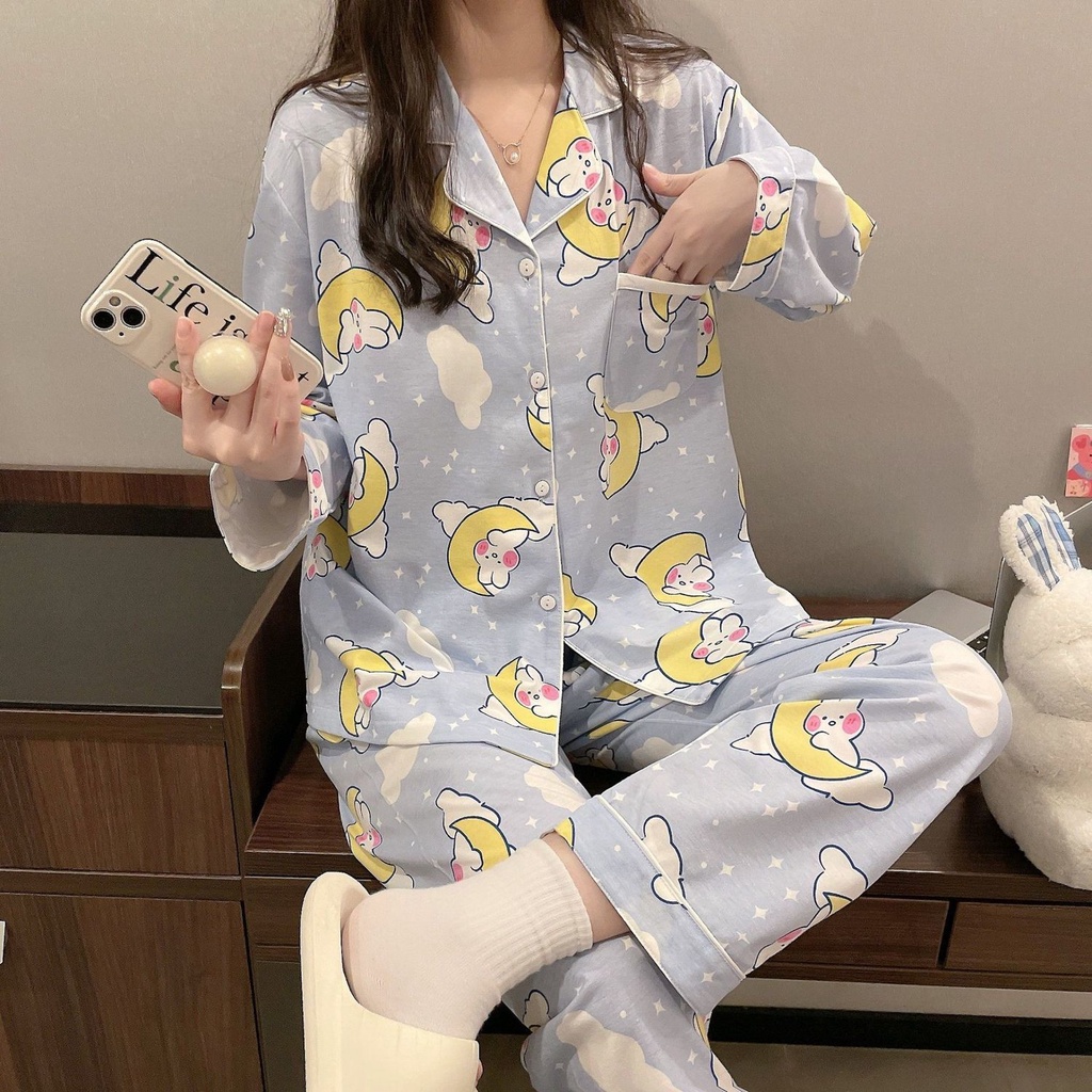 Bộ Đồ Ngủ Tay Dài Chất Cotton In Họa Tiết Dâu Tây / Gấu Dễ Thương Thời Trang Xuân Thu Cho Nữ