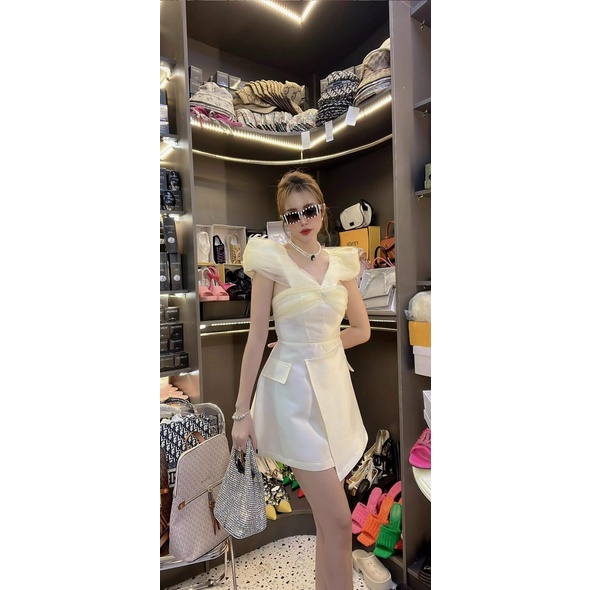 [10.10 Sales Freeship] Đầm công chúa đi tiệc, đầm 2 dây cánh tiên phối luới đính ngọc vạt chéo sang trọng mtb