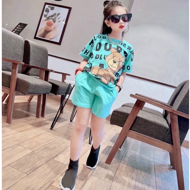 Bộ cộc tay mùa hè bé gái, bộ quần áo hình gấu in tràn chất cotton quần cạp bọc xịn xò cho bé
