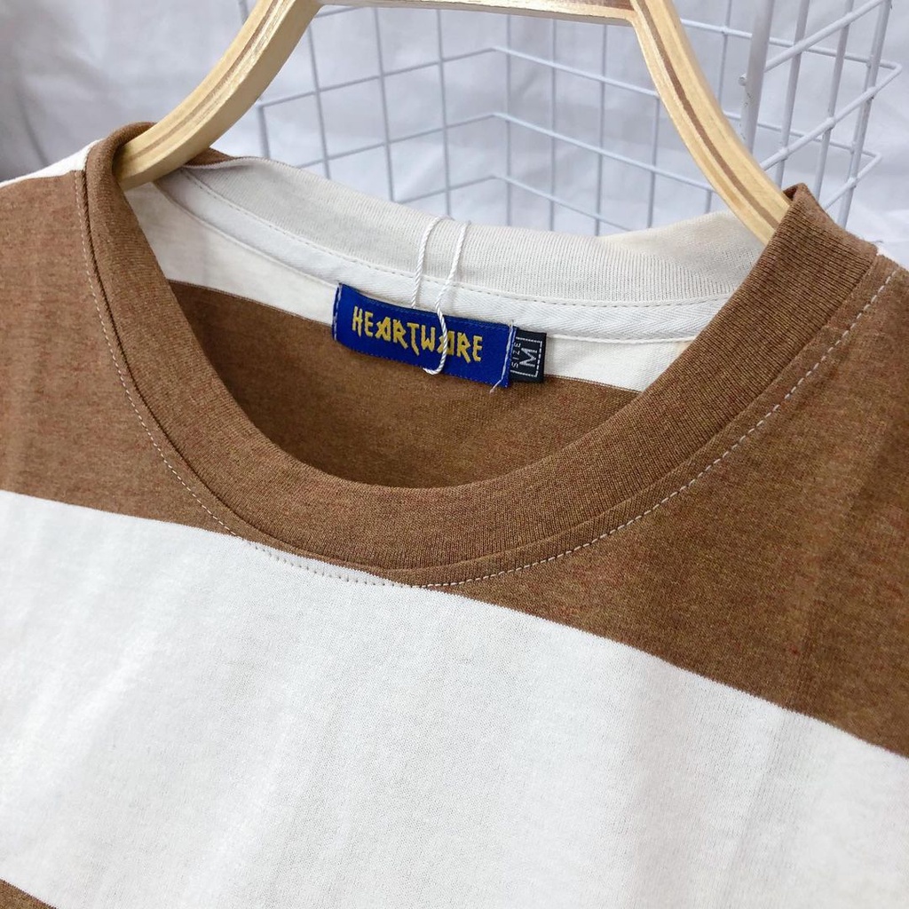 Áo thun cotton kẻ ngang MEANSTORE tee cổ tròn tay lỡ sọc phối màu pull oversize unisex form rộng nam nữ - Nâu kem