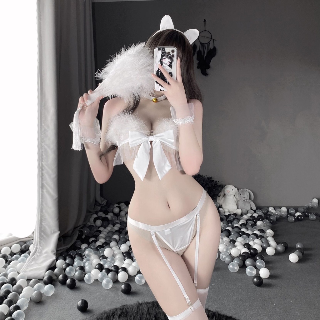 Đồ ngủ sexy đồ ngủ nữ cosplay mèo 1 sexy ren lưới hoa văn màu trắng freesize QUENQUEN store a1 | BigBuy360 - bigbuy360.vn