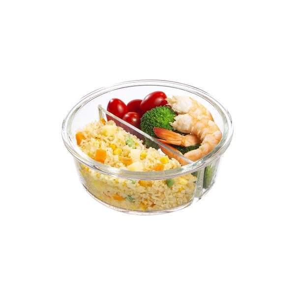 Hộp cơm thủy tinh tròn 2 ngăn 950 ml, đựng thức ăn văn phòng, thực phẩm, Inochi Nikko Nhật Bản, chịu nhiệt cao, Vạn Phúc