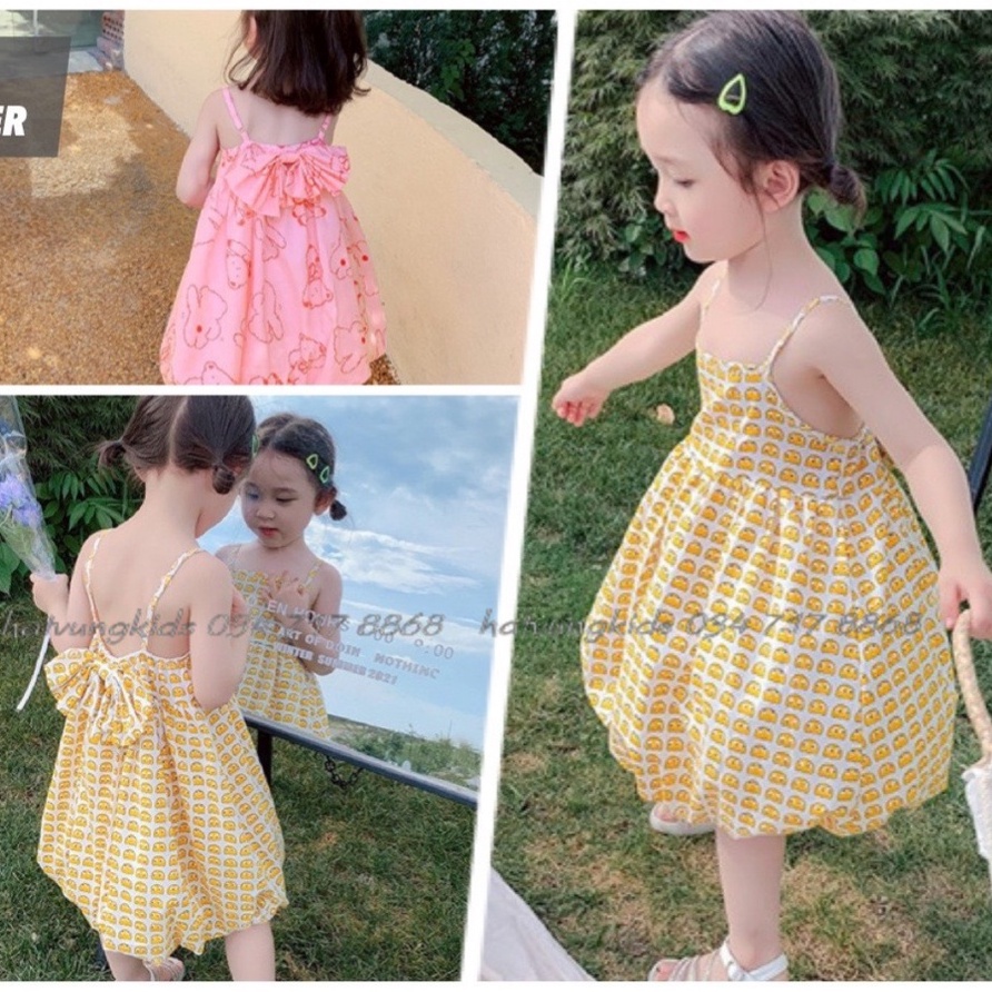 Váy bé gái - Váy 2 dây vải đũi kèm nơ sau lưng cho bé gái