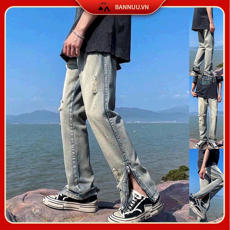 Quần jean ống suông Màu Trơn quần jean nam xanh Phối Khóa Kéo quần bò ống đứng nữ Đơn Giản Thời Trang Hàn Quốc quần jean nam slimfit