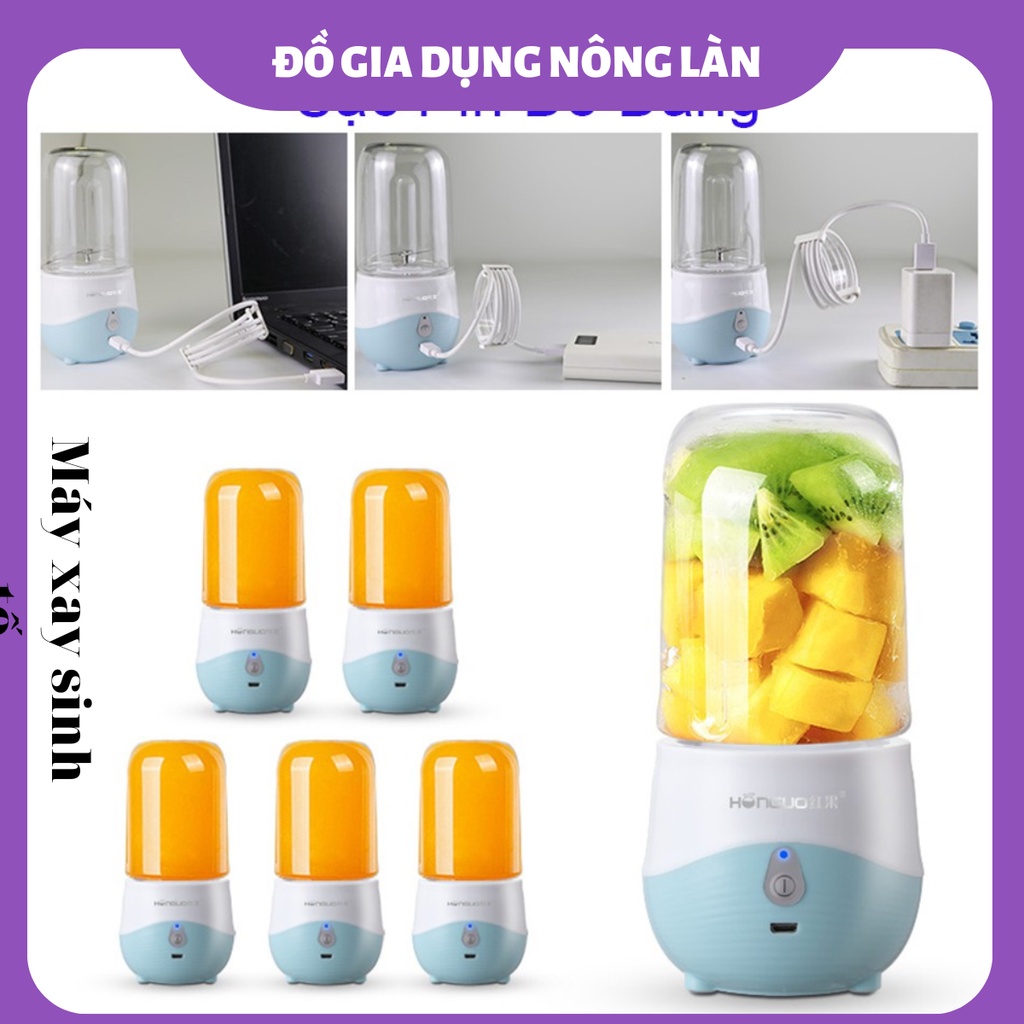 Máy xay sinh tố HONGUO mini cầm tay sử dụng pin sạc USB, máy xay hoa quả 6 lưỡi giao cao cấp chính hãng NONGLAN