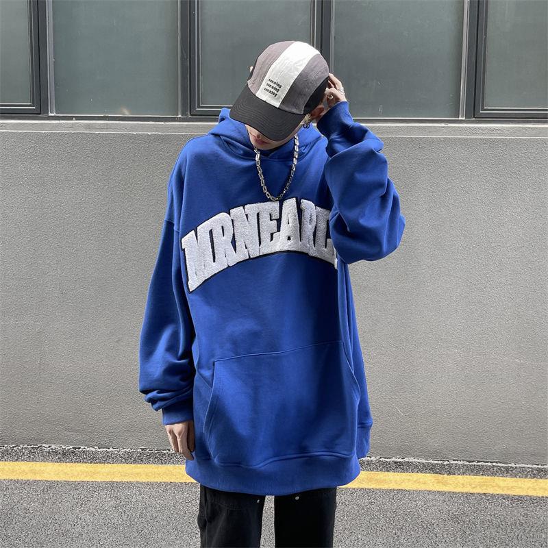 ☾Áo hoodie dày dặn màu xanh dương xanh dương in chữ phong cách Retro đường phố Mỹ kiểu mới | BigBuy360 - bigbuy360.vn