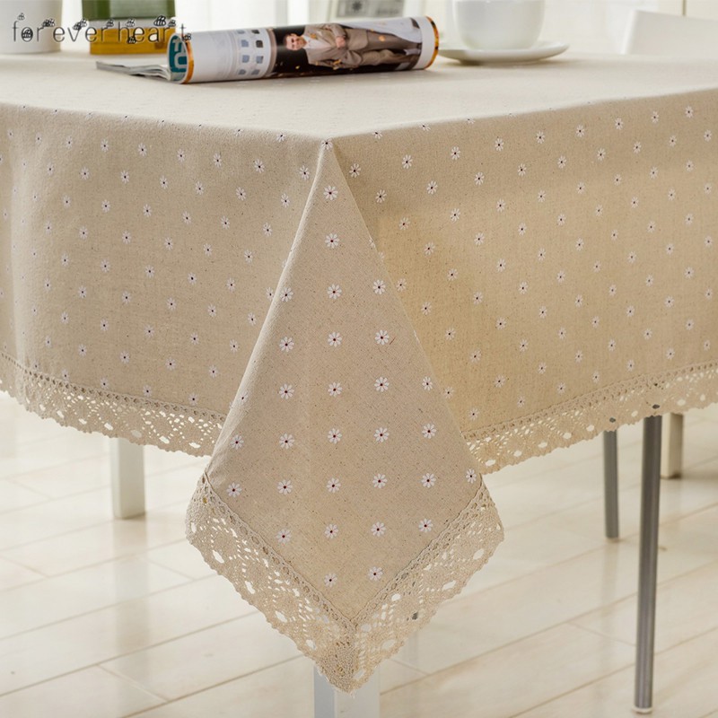 ♬♪♬ Flower Pattern Tablecloth Linen Cotton Table Cloth with Lace Dining Table Cover