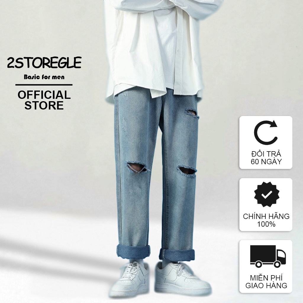 Quần Jeans Baggy Nam Xanh Rách Gối Ống Rộng Dáng Suông Đứng 2STOREGLE Chất Vải Mịn Đẹp Không Phai Màu Không Bai Gião