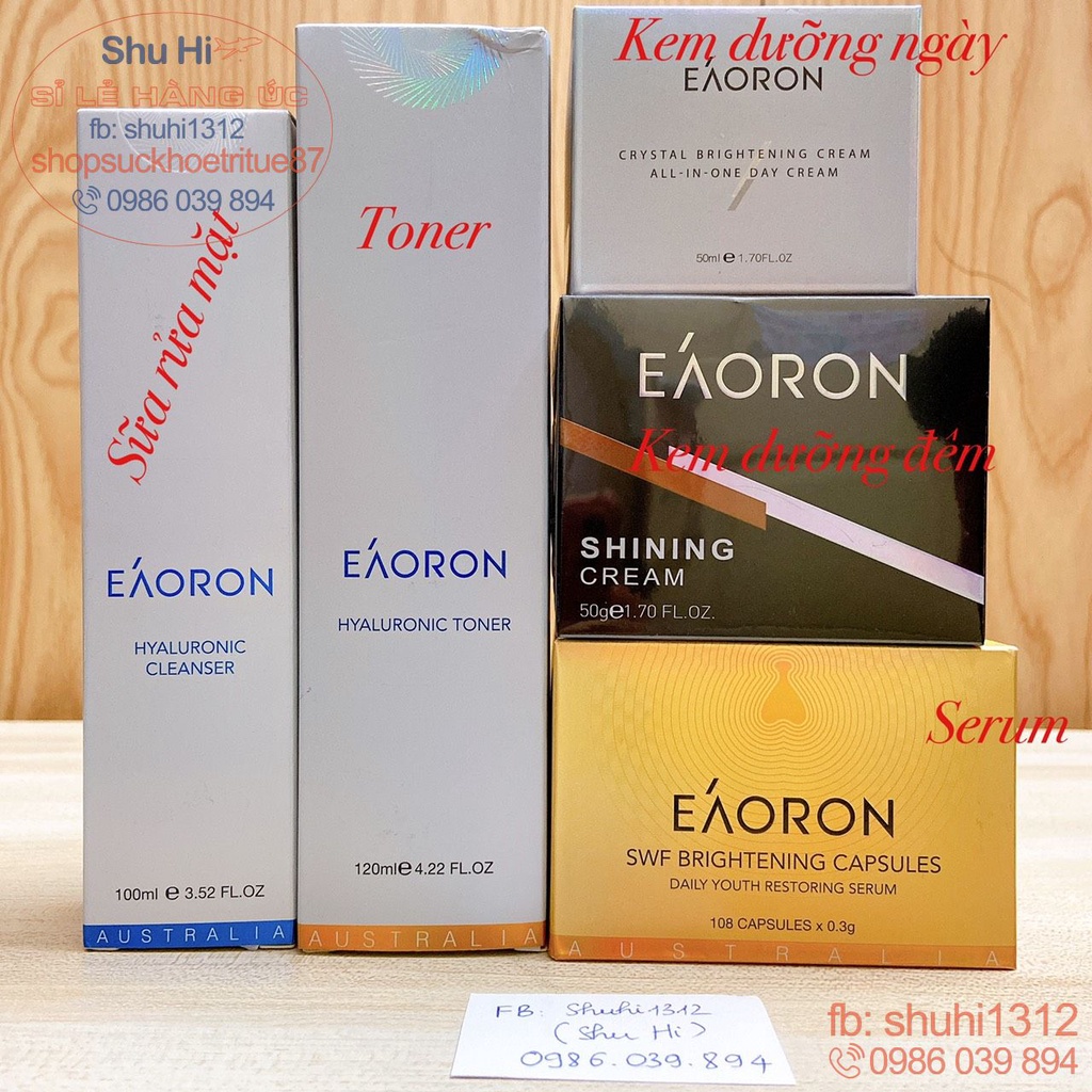 Combo kem dưỡng da ngày, đêm eaoron, sữa rửa mặt, toner, serum eaoron úc