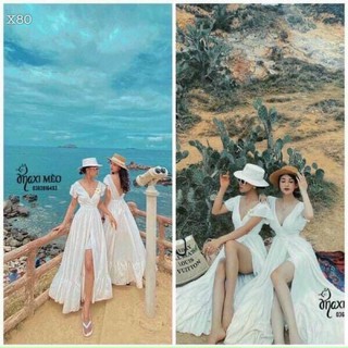 Đầm maxi cánh tiên cổ v xoè rộng