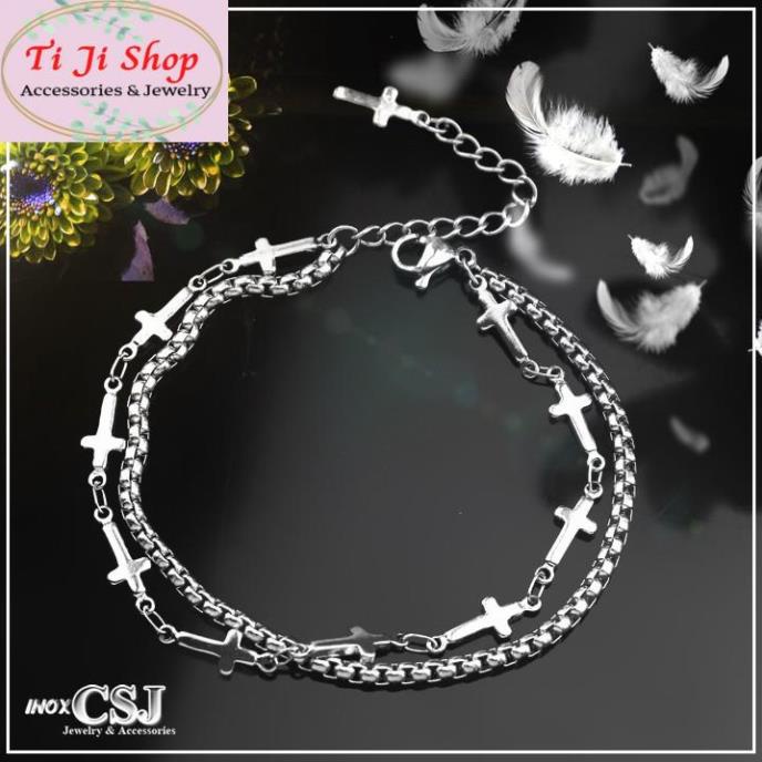 lắc tay 2 tầng thánh giá kết hợp bông dừa trắng sáng, không đen - siêu đẹp chuẩn thời trang