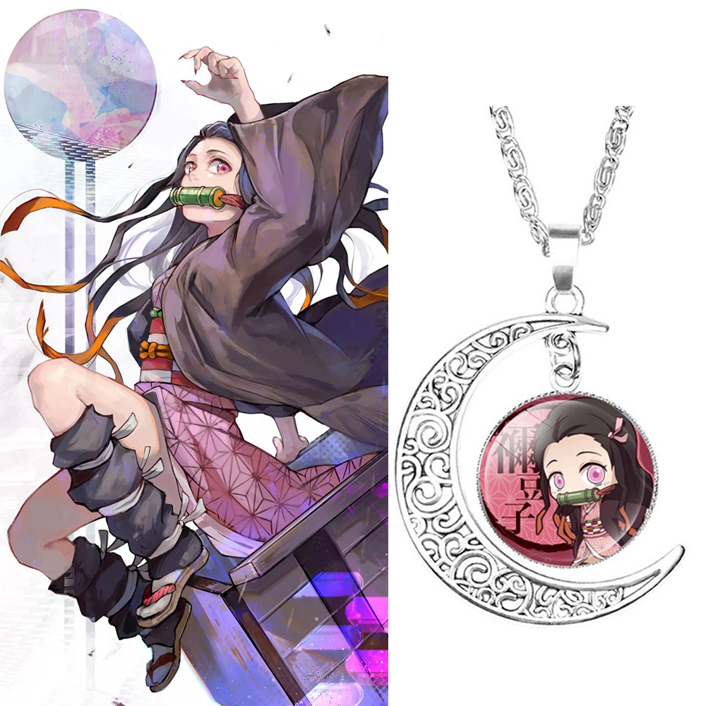 FORBETTER Unisex Pendant Necklace Women Cosplay Necklace Anime Demon Slayer Necklace Kamado Tanjirou Trendy Moon Men Kimetsu no Yaiba Chain Choker Glass Jewelry