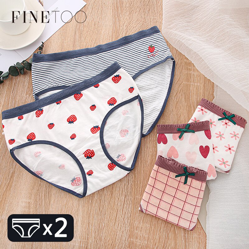 Bộ 2 cái quần lót FINETOO bằng cotton in họa tiết trái tim hoa đáng yêu cho nữ