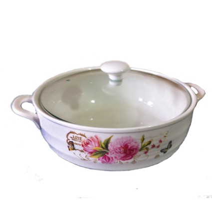 Thố bằng sứ có nắp đậy bằng kính tráng men dùng được trong lò vi sóng tay cầm cách nhiệt cao cấp