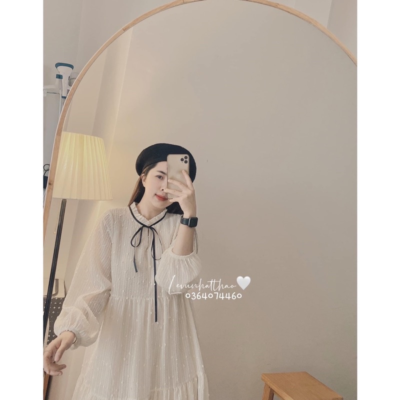 Đầm - Váy babydoll dài tay ren hạt điệu đà Bling Bling