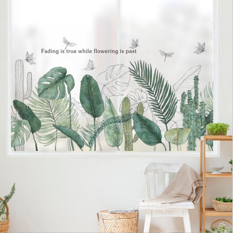 Decal dán tường trang trí - BỤI CÂY BẠC HÀ KẾT HỢP XƯƠNG RỒNG CHUỒN CHUỒN BAY