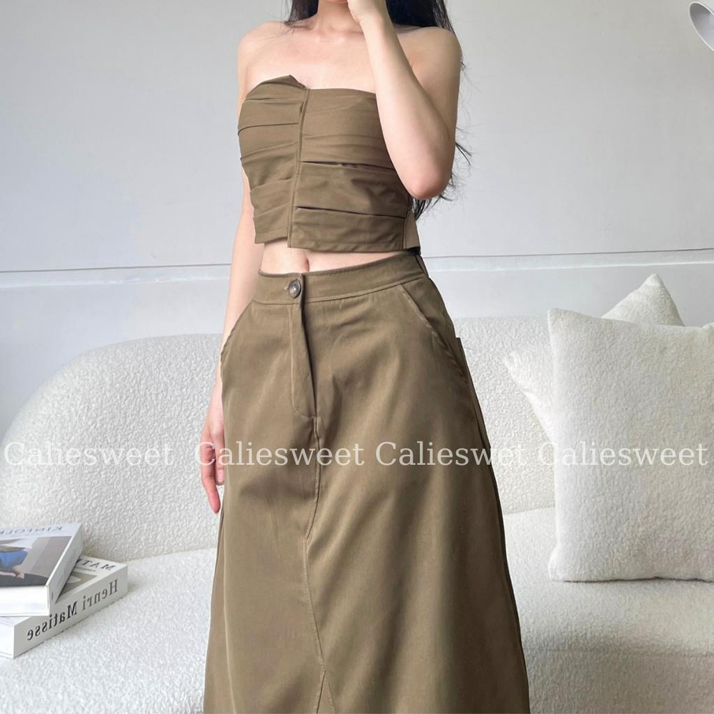 Set áo quây xếp ly mix chân váy chữ A Caliesweet Set áo croptop kèm chân váy dài phong cách Hàn Quốc