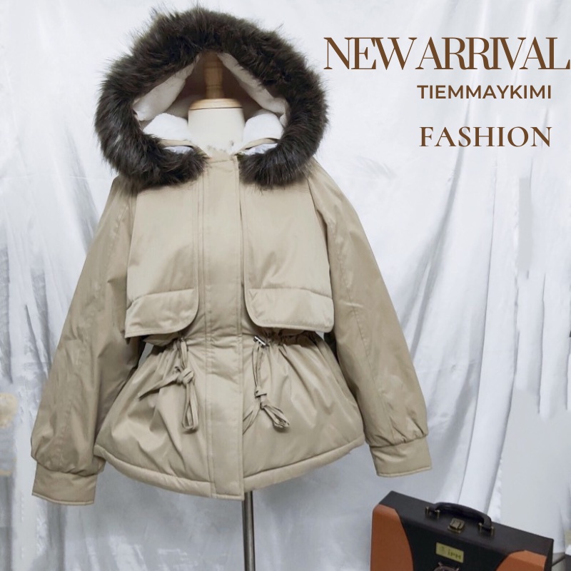 Aó khoác phao Parka lót lông cừu dáng ngắn mẫu mới dây rút