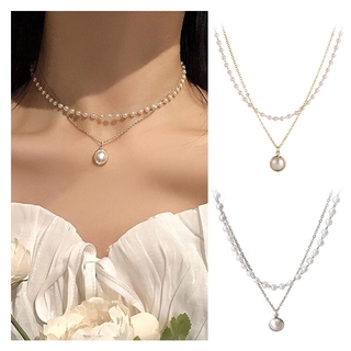 Dây chuyền kim loại đính ngọc trai nhiều lớp phong cách Retro Hàn Quốc