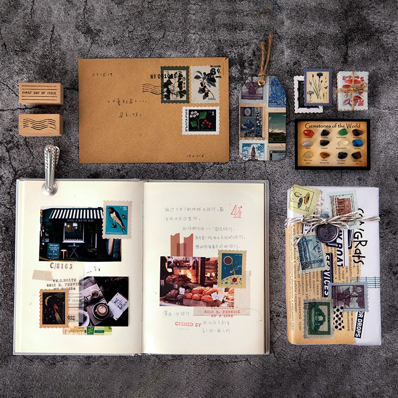 Bộ 46 nhãn dán hình tem thư thiết kế cổ điển sáng tạo trang trí nhật kí Tom House ST35