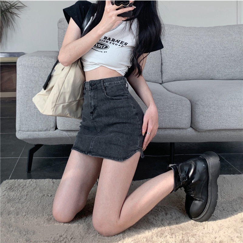 Chân váy IELGY vải jean lưng cao dáng chữ A phong cách Hàn Quốc dành cho nữ