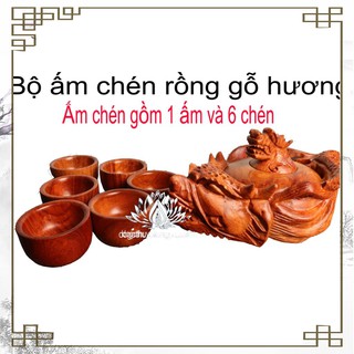 Bộ ấm chén long rồng gỗ hương nguyễn khối, 6 chén 1 ấm đục rồng