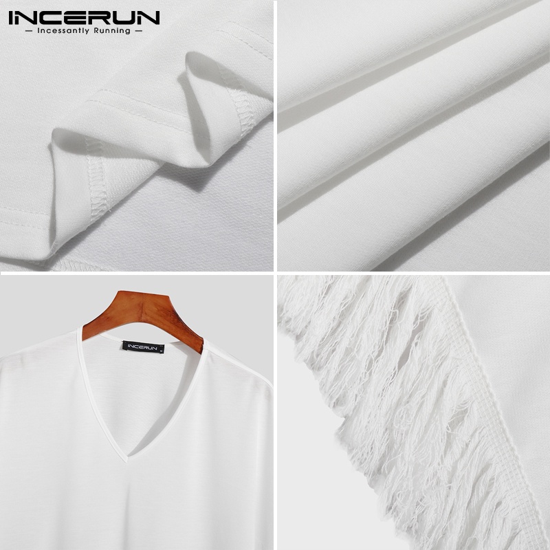 Áo trắng INCERUN tay ngắn cổ chữ V dáng rộng phối tua rua phong cách dân tộc dành cho nam giới