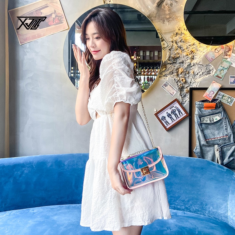 Túi Đeo Chéo Phối Dây Xích Thiết Kế Nhỏ Gọn Phối Màu Tương Phản Thời Trang Cá Tính