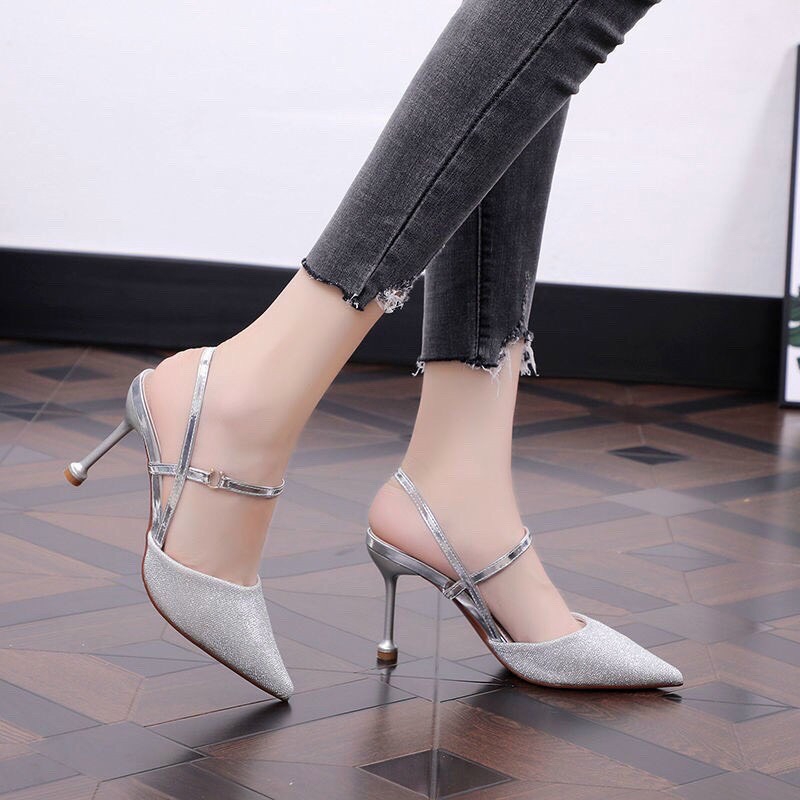 FREESHIP Giày cao gót nữ bít mũi da kim tuyến gót 7p siêu hot M17