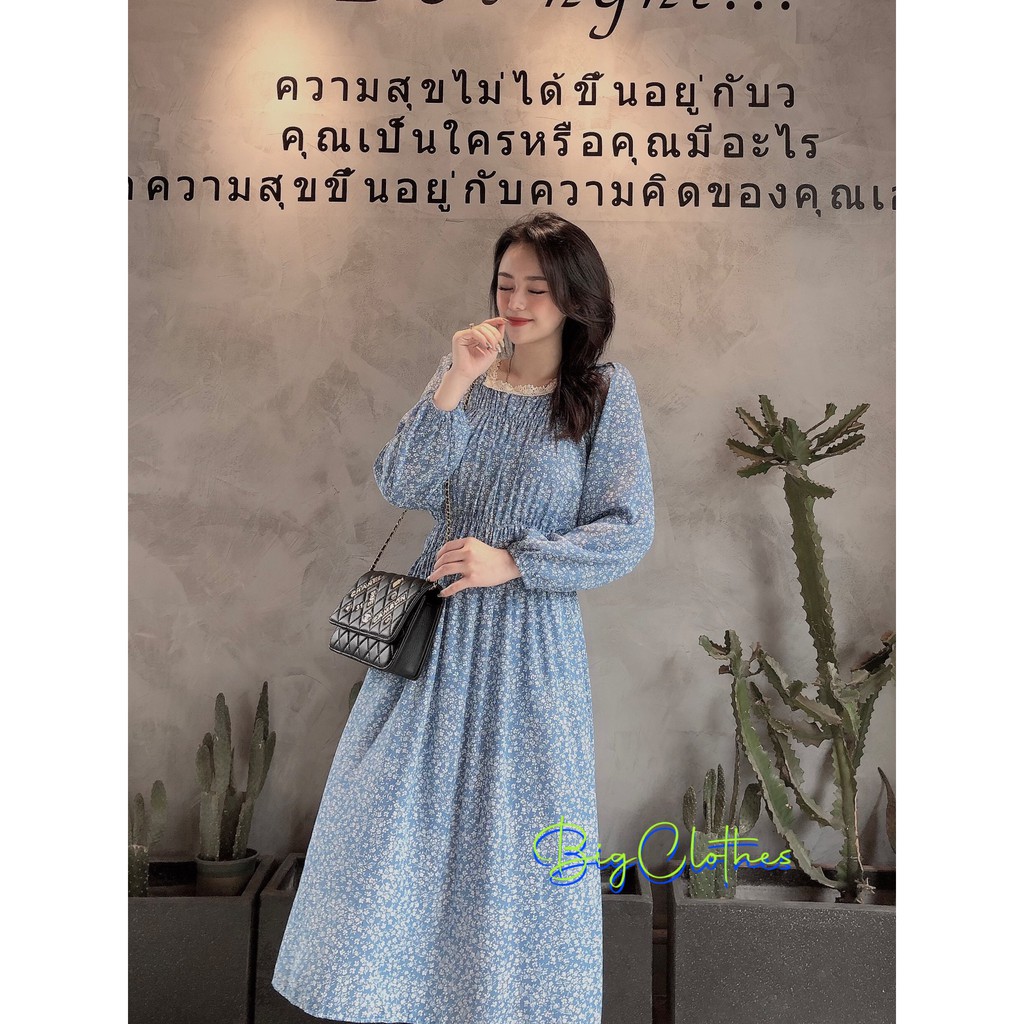 Váy đầm bigsize hoa nhí màu xanh BigClothes thiết kế cổ vuông sang chảnh thoáng mát từ 45kg đến 75kg BC017