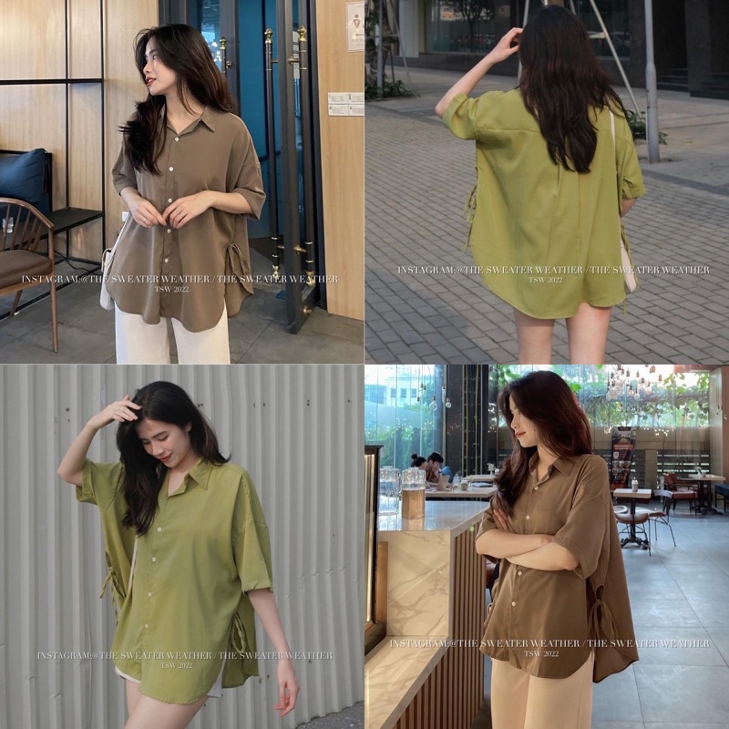 Áo sơ mi cộc tay buộc eo form rộng chất voan trượt vạt bầu