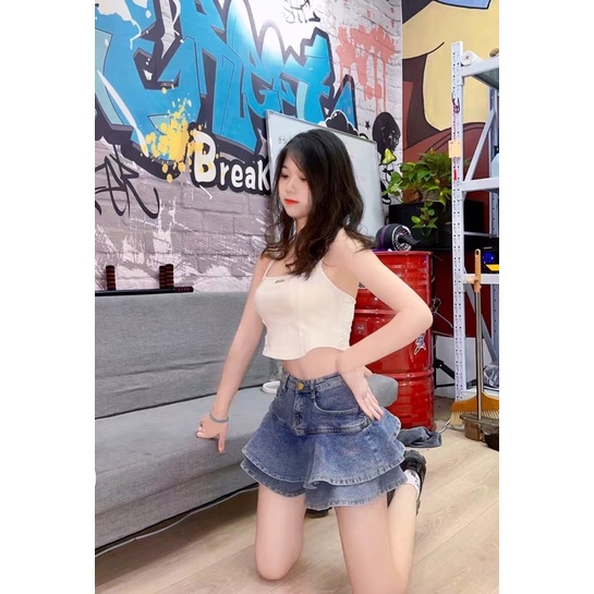 💥 Chân váy jean nữ hai tầng có quần mặt trong cạp cúc siêu hot nữ tính hàng Quảng Châu V27