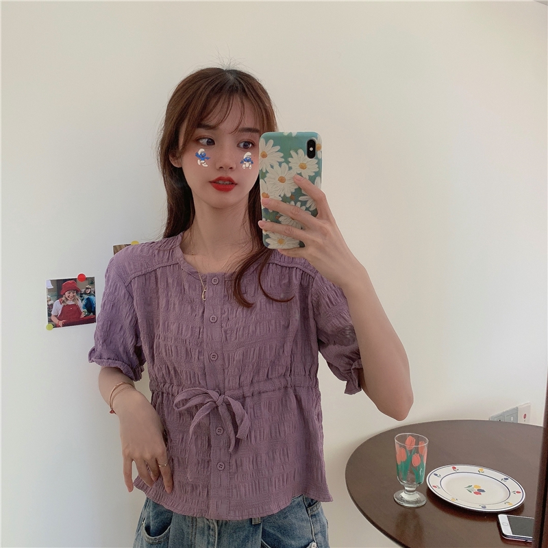 Áo bánh bèo áo kiểu nữ tiểu thư tay ngắn cổ tròn màu tím chất đẹp điệu đà sang chảnh thời trang 2020 | BigBuy360 - bigbuy360.vn