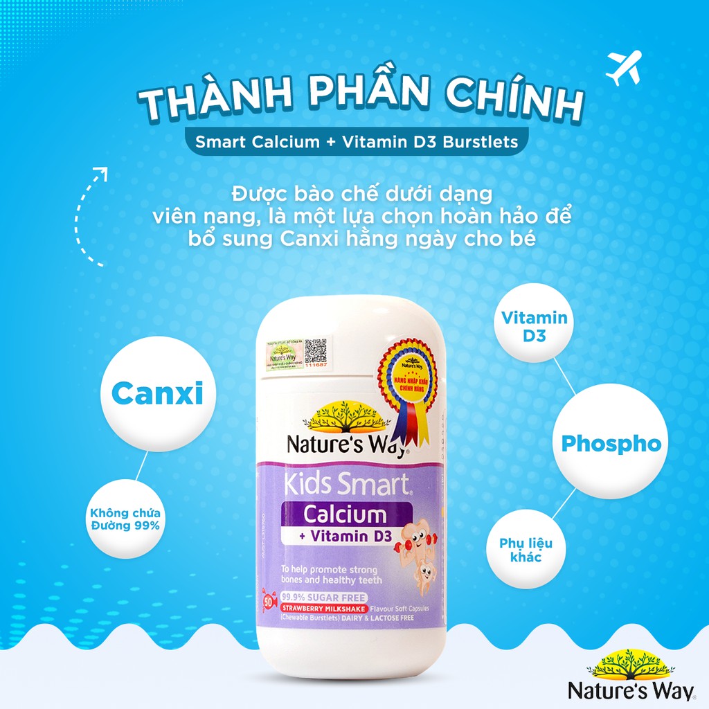 Viên Nhai Cho Bé NATURE’S WAY Kids Smart Calcium + Vitamin D3 Burstlets Bổ Sung Canxi Giúp Bé Phát Triển Chiều Cao