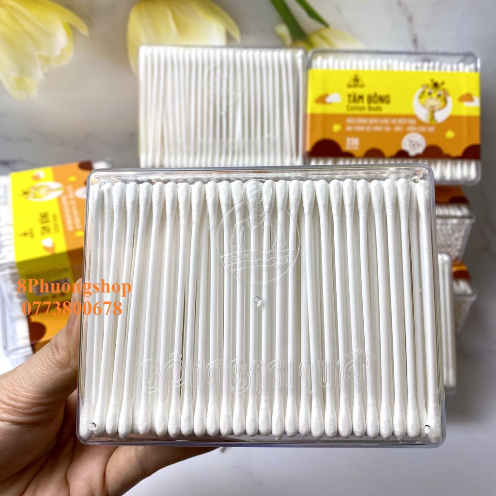 Tăm Bông 336 Que HỘP CHỮ NHẬT Bông Bạch Tuyết Cotton Buds vệ sinh cho bé và người lớn