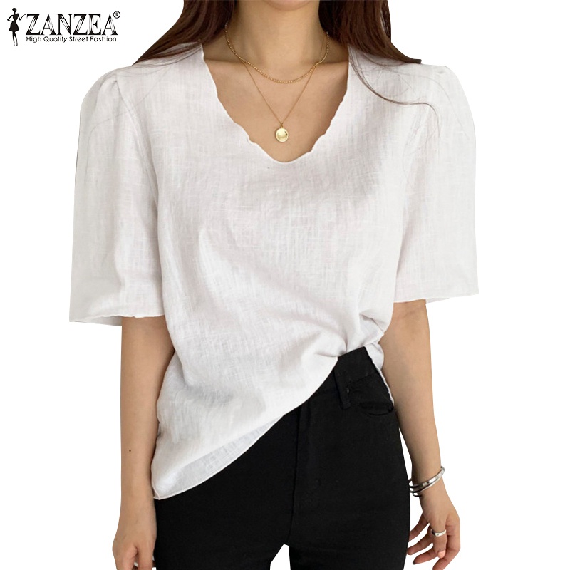 Áo thun Zanzea tay lửng màu trơn phong cách Hàn Quốc thời trang cho nữ