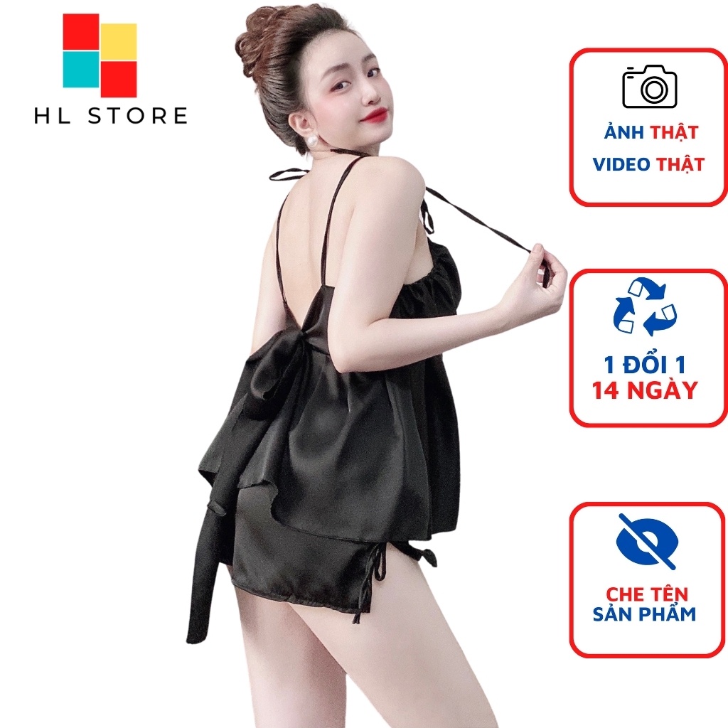 Đồ ngủ sexy đồ ngủ 2 dây xếp ly ngực cột nơ lưng Hải Lan Store, chất liệu lụa satin, freesize 40-65kg tùy chiều cao