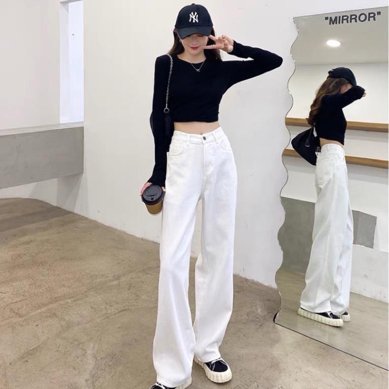 Quần jeans trắng cạp cao chất liệu bò dày đẹp phom suông rộng hack dáng