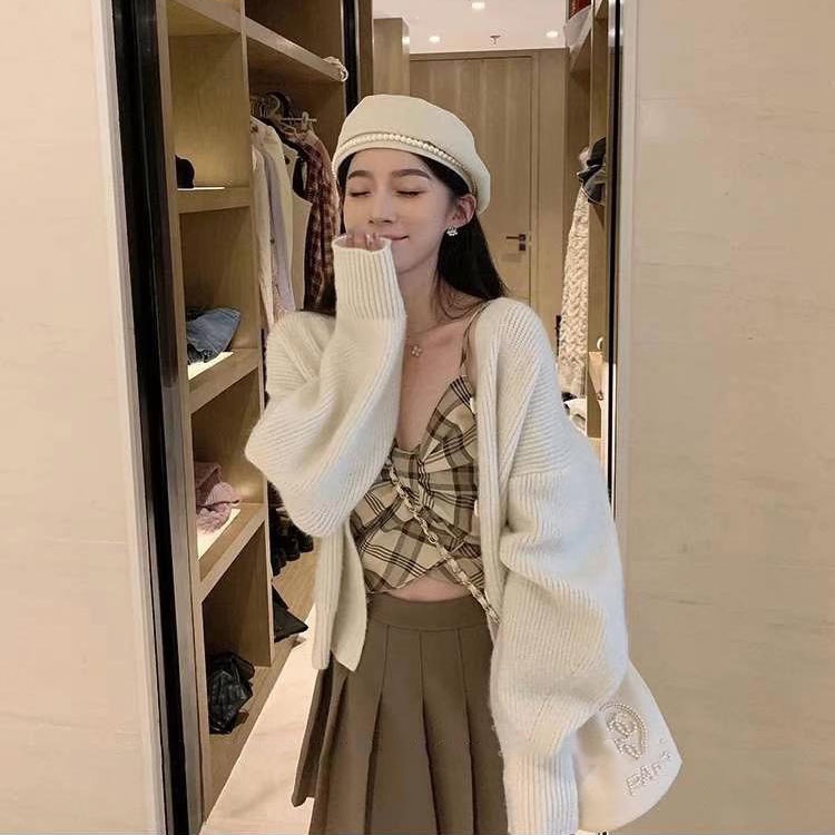 Set bộ 3 món áo khoác len phối chân váy xếp ly và áo croptop 2 dây phối nơ trước ngực ulzzang Hàn Quốc - Maoshop | BigBuy360 - bigbuy360.vn