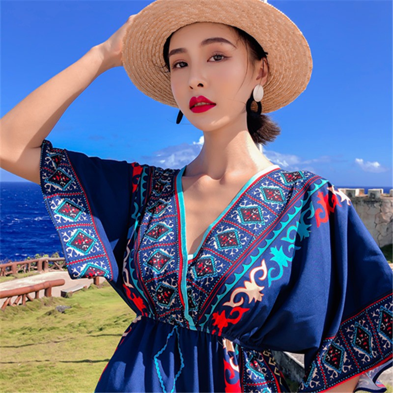 Váy Maxi Thổ Cẩm Boho Đi Biển Xòe Họa Tiết Hình Khối Tay Lỡ Thời Trang Du Lịch Hè V00079 | BigBuy360 - bigbuy360.vn