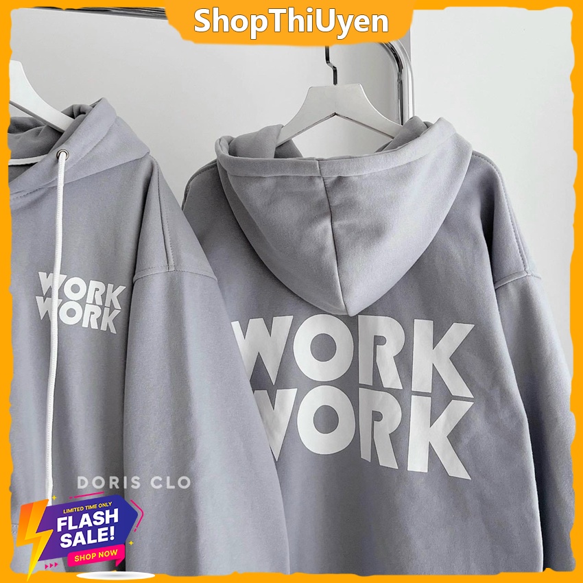 Áo hoodie Hàn Quốc in chữ WOR dây khóa kéo có mũ màu xám form rộng siêu đẹp