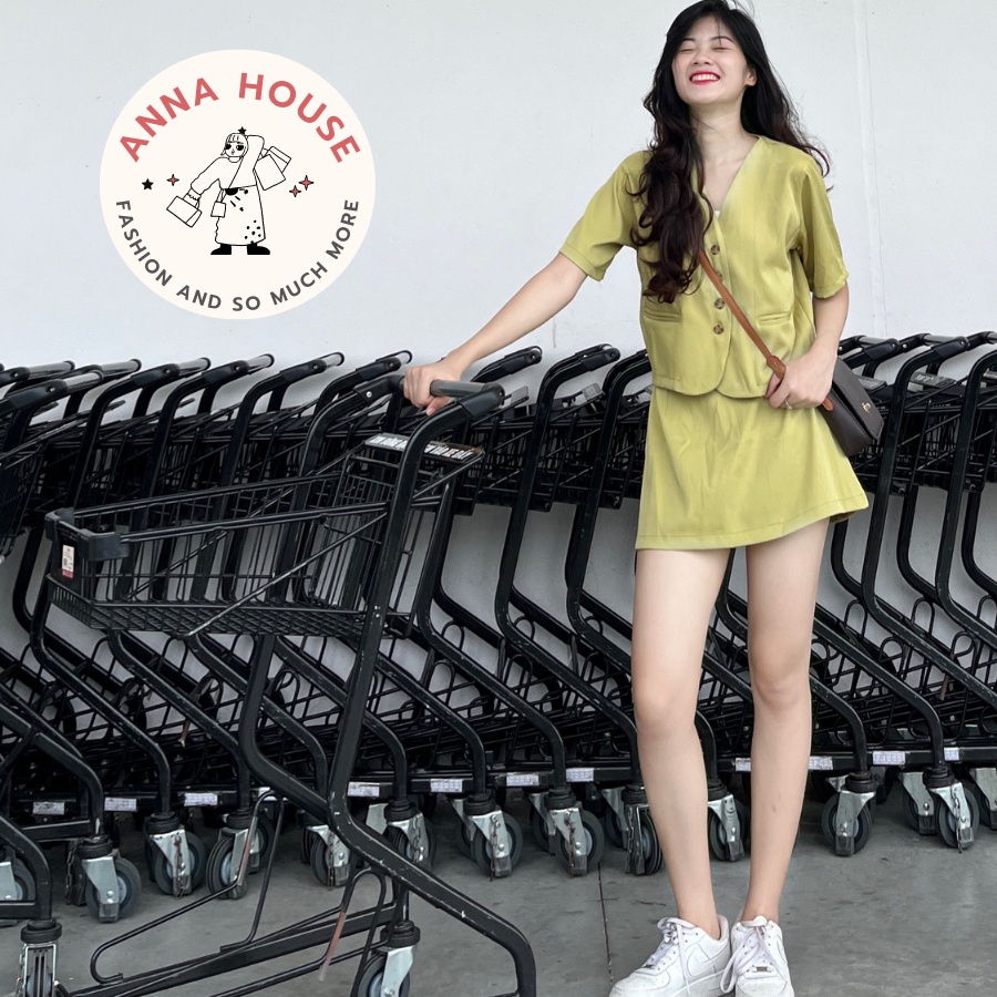 Set đồ nữ áo croptop cổ tim kèm chân váy ngắn chữ A, set áo sơ mi ngắn dáng croptop cổ V vest tay ngắn phối chân váy