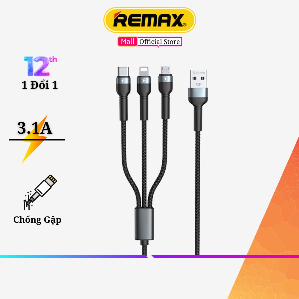 Cáp sạc nhanh 3.1A đa năng 3 trong 1 Remax RC-124th - Cáp sạc đa năng 3 đầu Remax Bảo Hành 12 Tháng 1 Đổi 1