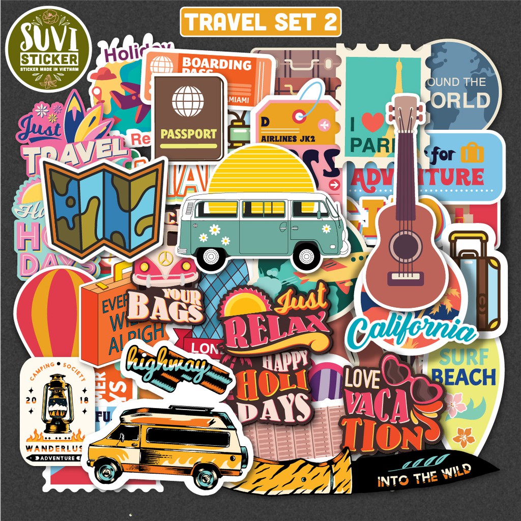 Sticker Du Lịch Travel 2 chống nước sticker dán laptop, điện thoại, đàn guitar, mũ bảo hiểm, vali. MSP: T02