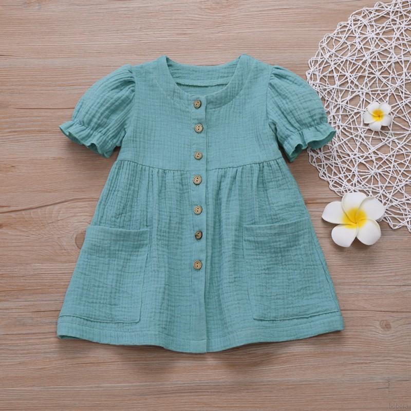 BOBORA đầm công chúa Cotton Lanh Ngắn Tay Phối Bèo Màu Trơn Cho Bé 1-6 Tuổi