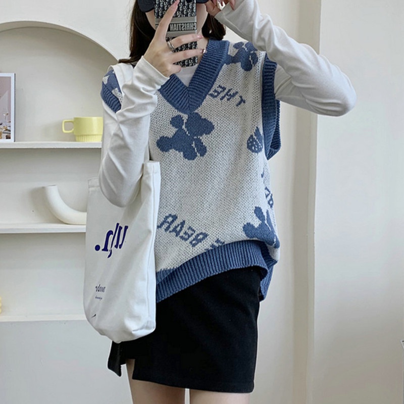 IELGY  Áo sweater Dệt Kim Không Tay Dáng Rộng In Hình Gấu Dễ Thương Cho Nữ
