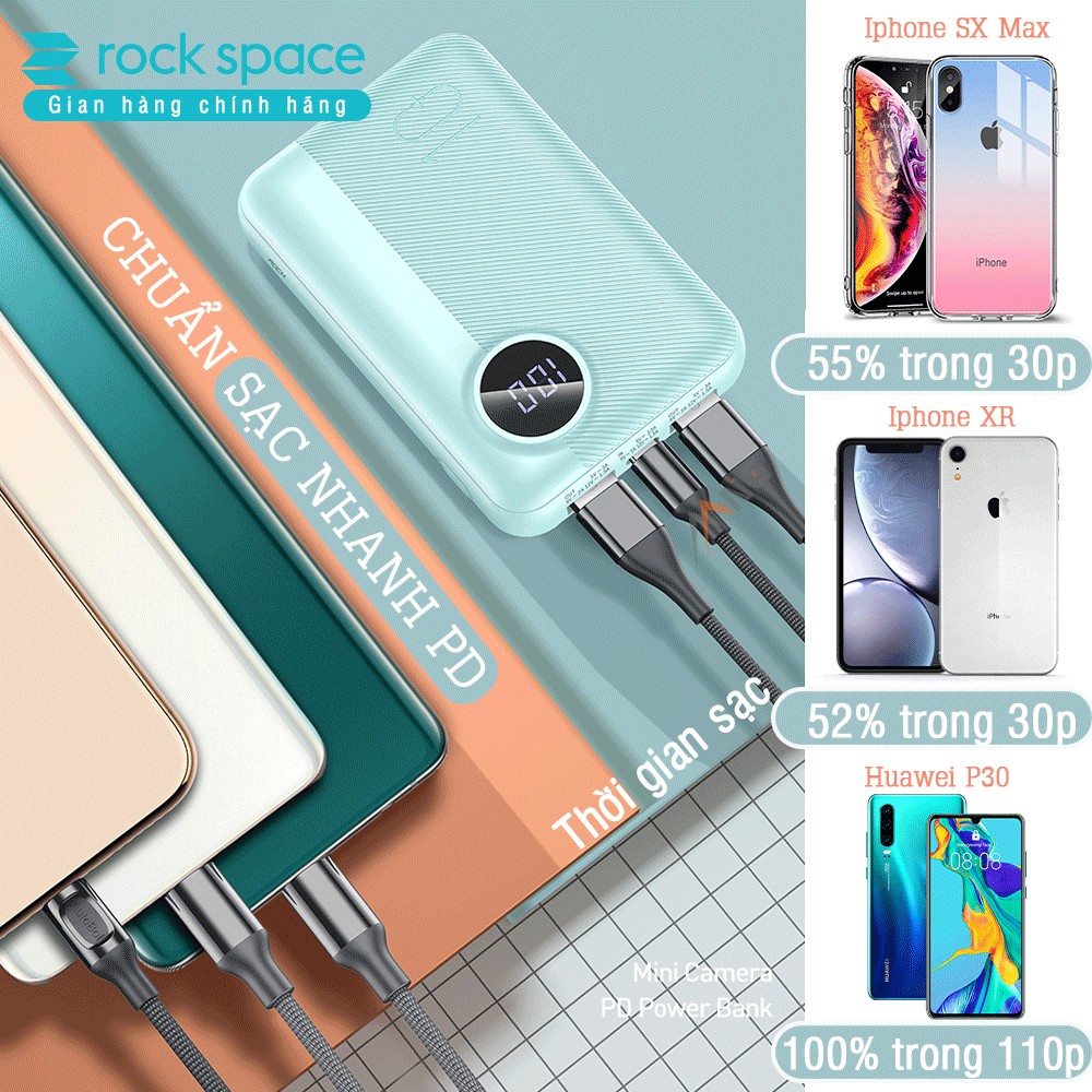 Cục sạc dự phòng mini chính hãng Rock space P75 chuẩn PD sạc nhanh cho iPhone, Samsung dung lượng thực 10.000 mAh