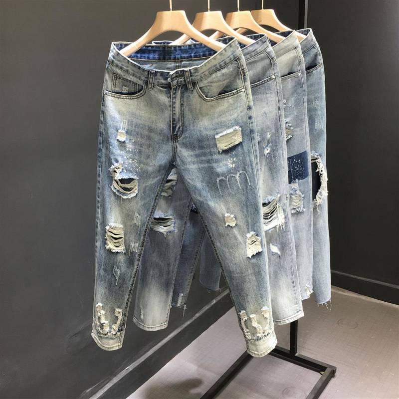 2022 New Men's Ripped Jeans Cropped Pants Men's Slim Fit Trendy Youth Handsome Tappered Pants Men's Clothing Fashion Menswear UzRq