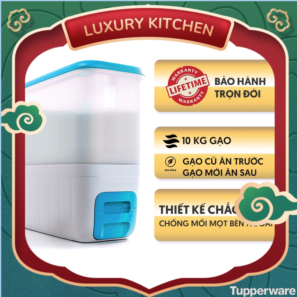 Thùng gạo Tupperware Rice Smart Aqua 10kg - Thùng gạo 10 cân thiết kế lấy gạo thông minh